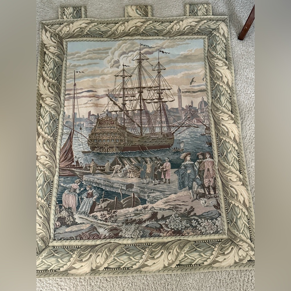 Vintage Antique Wall Tapestry Sail Boat Vintage 20th century harbour